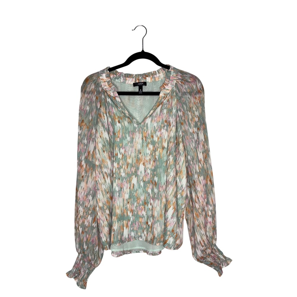 AQUA Blouse Women XL Turquoise New Metallic Abstract Ruffle V-Neck T5035R-9361